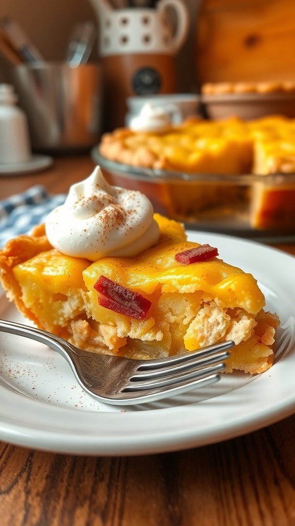 A slice of bread pudding pie with whipped cream and cinnamon on a plate, in a cozy kitchen.